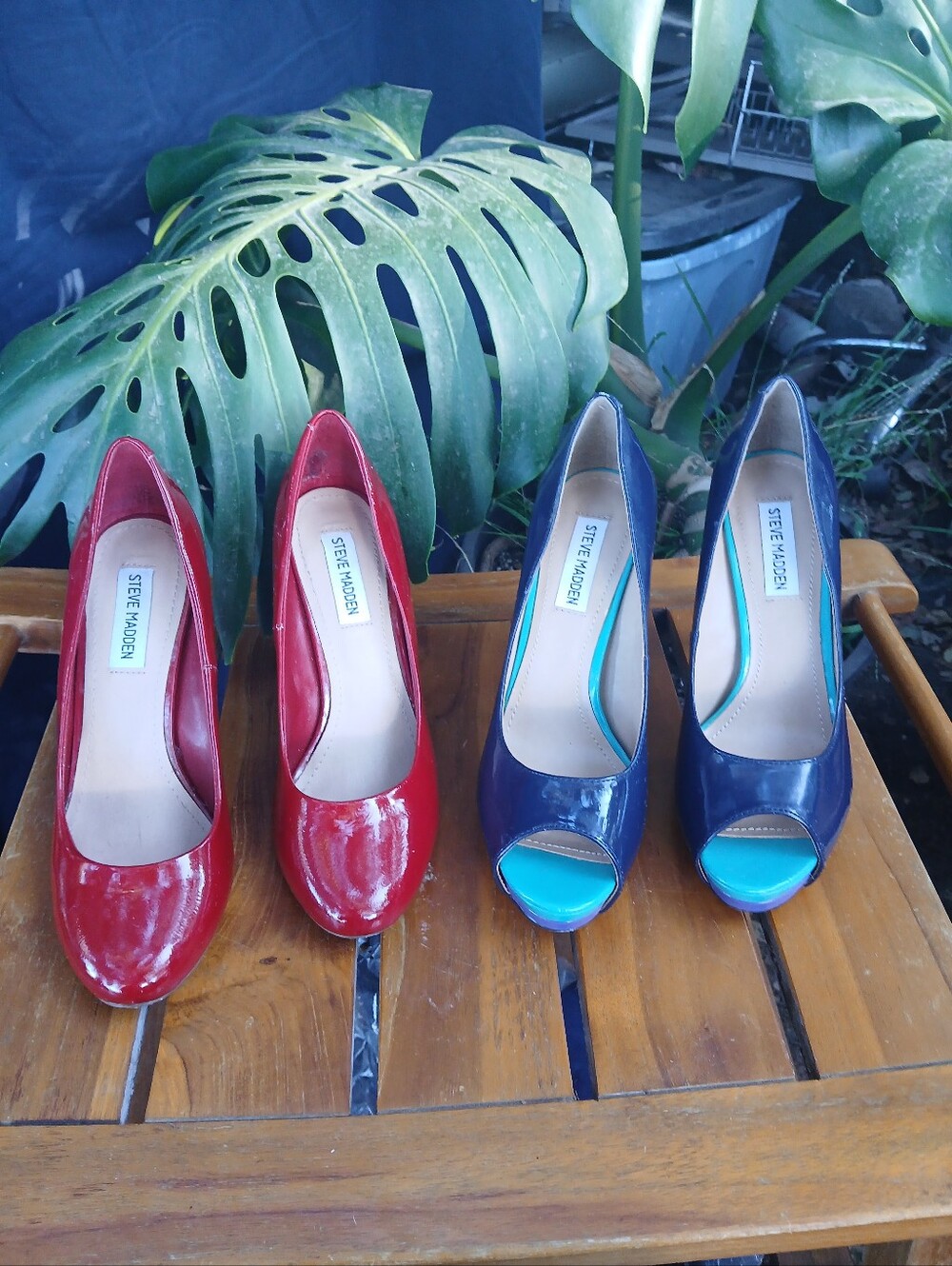 Steve Madden Red Patent Pumps Lot and Navy Peep-Toe Heels with Turquoise Accents